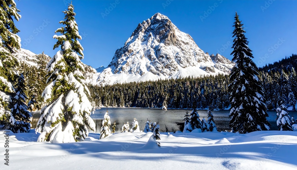 Fototapeta premium Snowy mountain lake, winter landscape