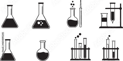 Eight black and white icons of science laboratory glassware including flasks and test tubes on a white background