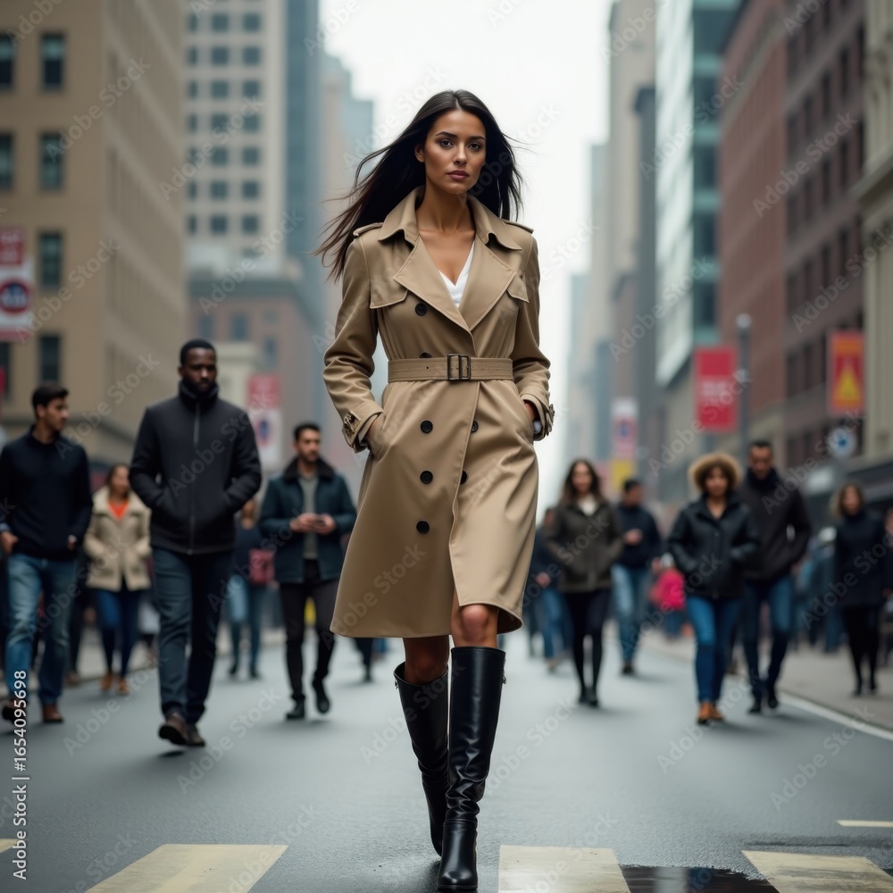 Fototapeta premium Fashionable Woman Striding Confidently Down a Bustling City Street
