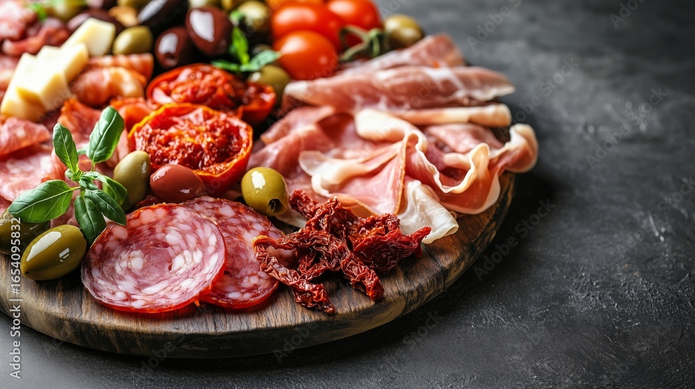 Charcuterie board featuring cured meats, cheeses, and fresh vegetables arranged artistically on a wooden platter Charcuterie board featuring cured meats, cheeses, and fresh vegetables arranged artistically on a wooden platter