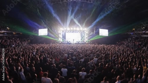 An incredible aerial shot from behind a DJ on the main stage, overlooking a massive crowd with raised hands at a nighttime EDM festival.