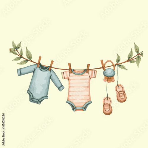 Cute baby shower watercolor invitation card for baby and kids new born celebration with baby clothes
