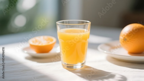 Freshly Squeezed Orange Juice in a Glass with Oranges on a Table