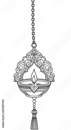 An intricately designed diya, a traditional oil lamp, hangs from a chain, adorned with a tassel.  Its ornate detailing evokes a celebratory atmosphere, perfect for Diwali.