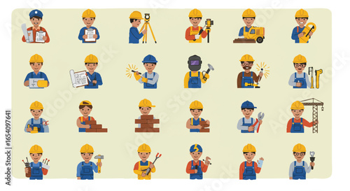 A diverse group of construction workers and engineers are depicted in a colorful, flat vector illustration, representing various roles in the industry.