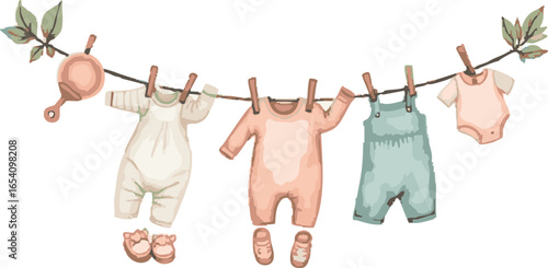 Baby Clothes on the Line Adorable and pastel-colored baby clothes, delicately clipped to a washing line, creating a sense of tenderness and anticipating new beginnings.