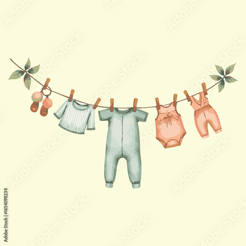 Newborn Wardrobe: A delightful display of baby clothes, delicately strung on a clothesline, a heartwarming watercolor illustration with leaves in the background, suggesting new life and purity.
