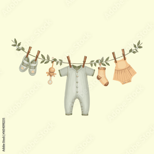 Gentle Day's Delight Delicate baby clothing and accessories hang on a clothesline, painted in soft, pastel colors, and evoking feelings of warmth, simplicity, and new beginnings. 