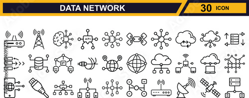 Vector art of data network and technology icons isolated on white background