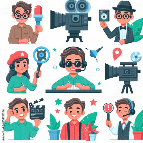 Cartoon illustration media workers with equipment such as cameras mics a clapperboard and headphones arranged in a grid