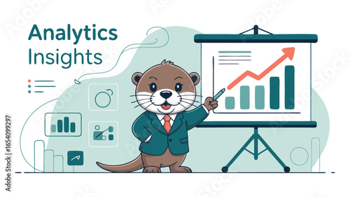 Cartoon Otter Presenting Analytics Insights on Bar Graph with Upward Trending Arrow Indicator