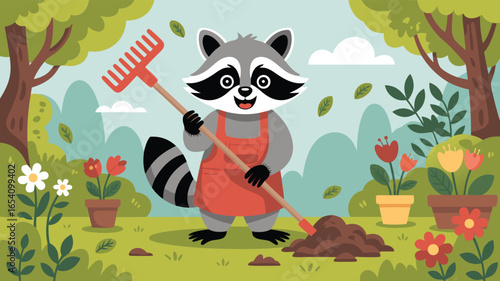 Cartoon Raccoon Gardening with Rake in Sunny Garden with Flowers and Trees Illustration