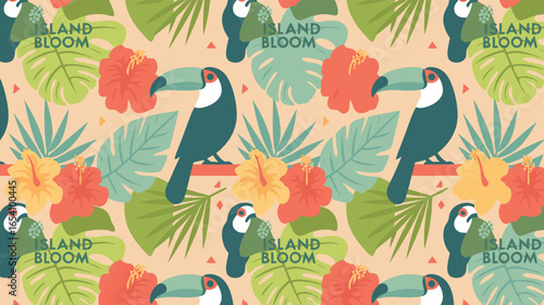 Colorful Tropical Seamless Pattern with Toucans, Hibiscus Flowers, and Palm Leaves on Beige Background
