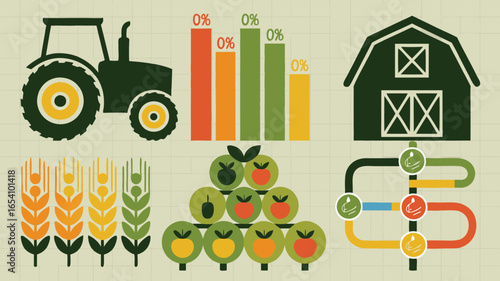 Illustrated Farming and Agriculture Elements Tractor, Barn, Crops, Wheat, Apples, Graph, and Irrigation System