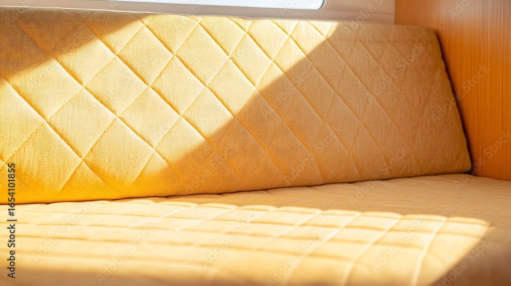 Obraz premium Warm sunlight illuminates textured yellow sofa cushions