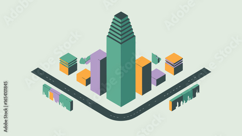 Isometric Cityscape with Buildings, Roads, and Urban Elements in Soft Pastel Colors Scheme