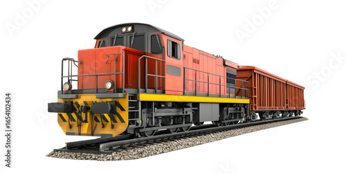 Orange diesel locomotive pulling freight cars on a railroad track isolated on white isolated on transparent background