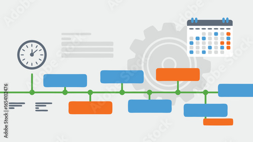 Project Timeline Illustration Featuring Clock, Gear, Calendar and Blue and Orange Boxes and Green Lines