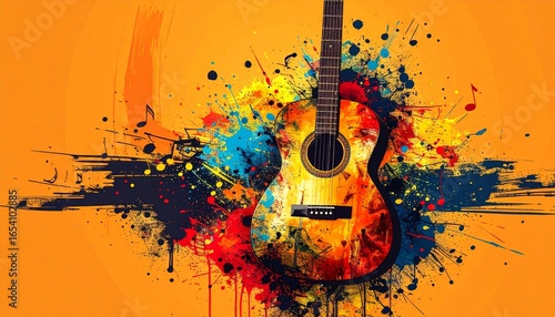 Grunge style acoustic guitar illustration with scattered music notes, abstract splatter background, dynamic artistic strokes, vibrant orange backdrop, rock and roll mood