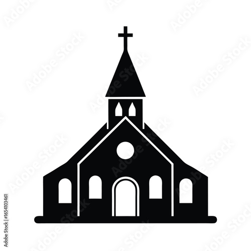 Vector art of black silhouette of a church with a steeple and cross, isolated
