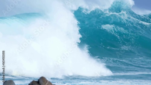 Big breaking Ocean wave Huge Rolling waves hits Hard on Shallow Reef stormy. surfing extreme sports