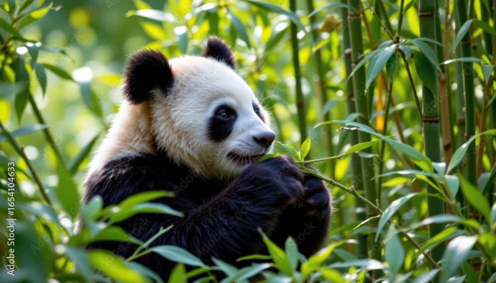 Obraz premium Serene panda photographed in a feeding pose in a bamboo grove with dense greenery and tranquil silen