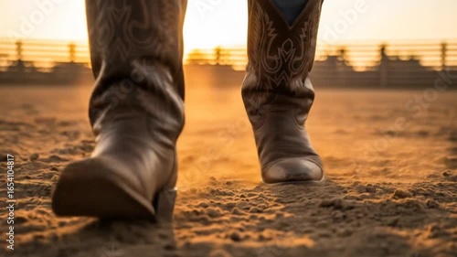 Close-up of cowboy boots walking through dusty ground at sunset, evoking a sense of adventure