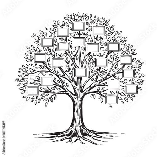 Hand-drawn family tree sketch with multiple frames for showing relationships between family members