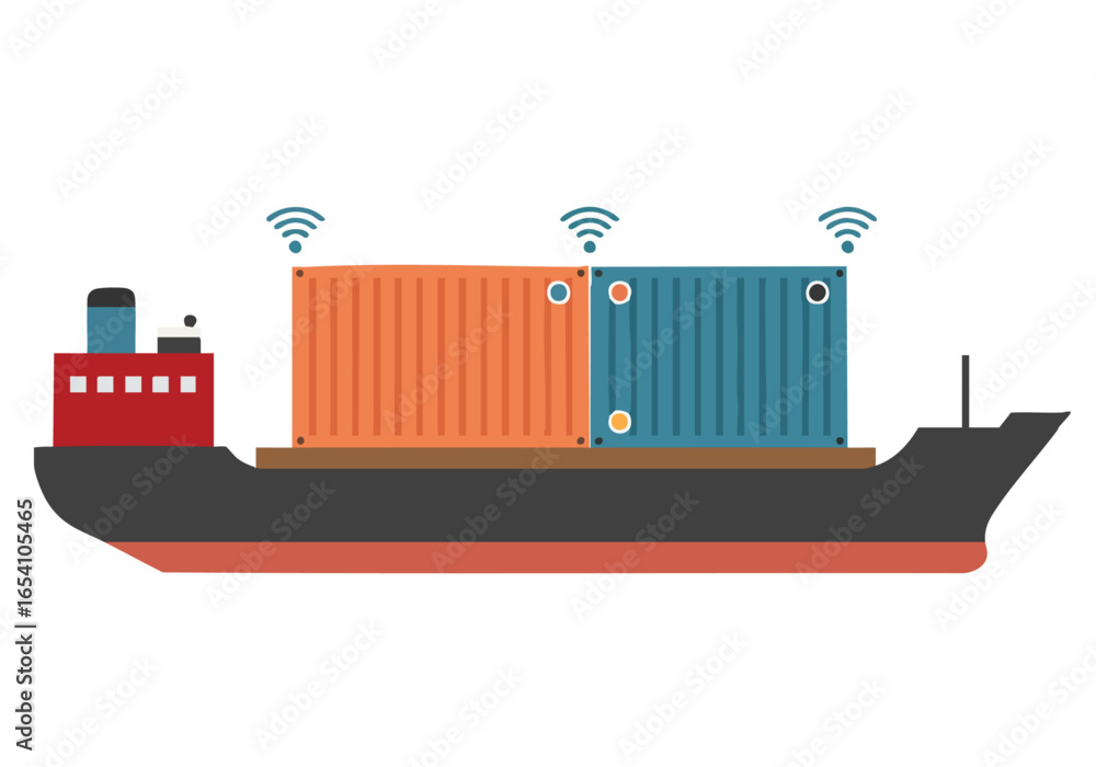 A stylized ship transports containers with IoT sensors. Modern, flat design illustration. Ideal for logistics, technology, and shipping concepts. A stylized ship transports containers with IoT sensors. Modern, flat design illustration. Ideal for logistics, technology, and shipping concepts.