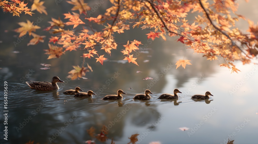 Fototapeta premium A family of ducks gliding through a calm pond with golden autumn leaves reflecting on the water.