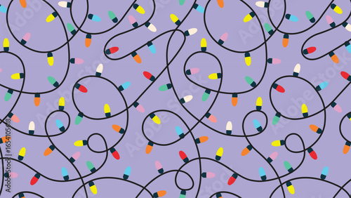 Christmas colorful string lights on a lavender background, creating a whimsical and festive decorative pattern.