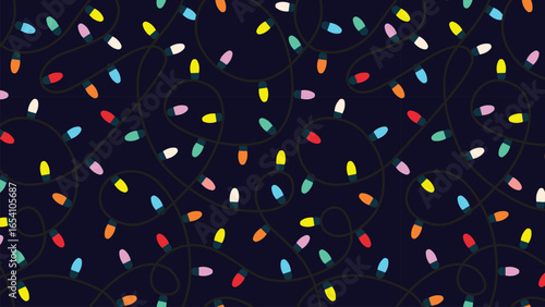 Christmas colorful string lights on a dark navy background, creating a cozy and festive nighttime ambiance.
