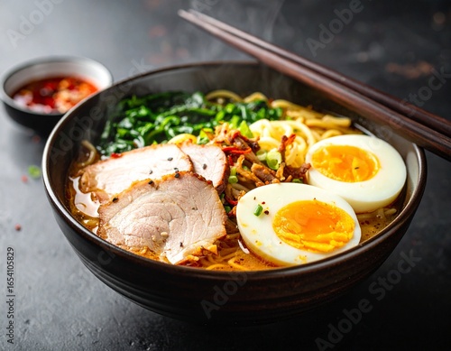 Steaming ramen bowl with noodles, egg, and pork slices.
