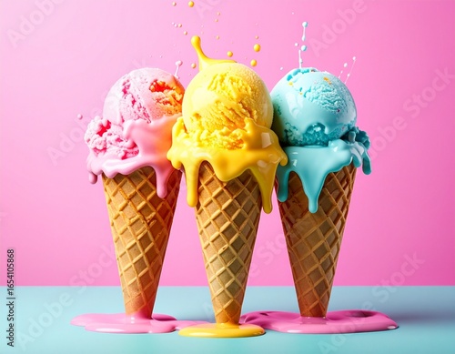 Bright ice cream scoops stacked on cone against pastel background.