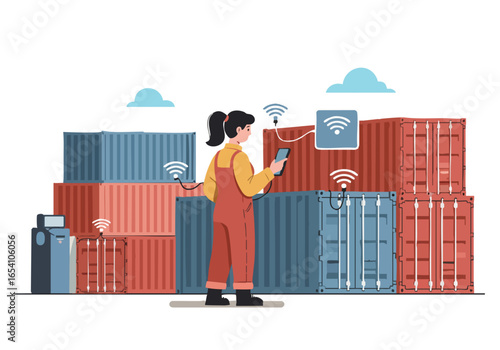 A female worker monitors IoT sensors attached to shipping containers using a tablet. Modern logistics, connected devices, and supply chain management. Clean, professional, and visually appealing.