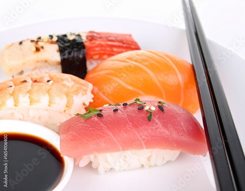 Fresh colorful sushi rolls neatly arranged with chopsticks and soy sauce.