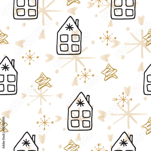 Christmas seamless pattern with stars and snowflakes