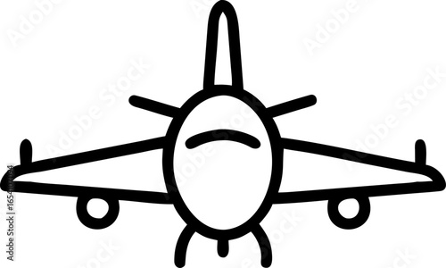 A stylized minimalist illustration of an airplane viewed directly from the front showcasing its wings fuselage and tail