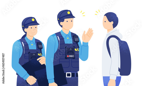ボディカメラを装着した警察官が職務質問する様子のベクターイラスト素材