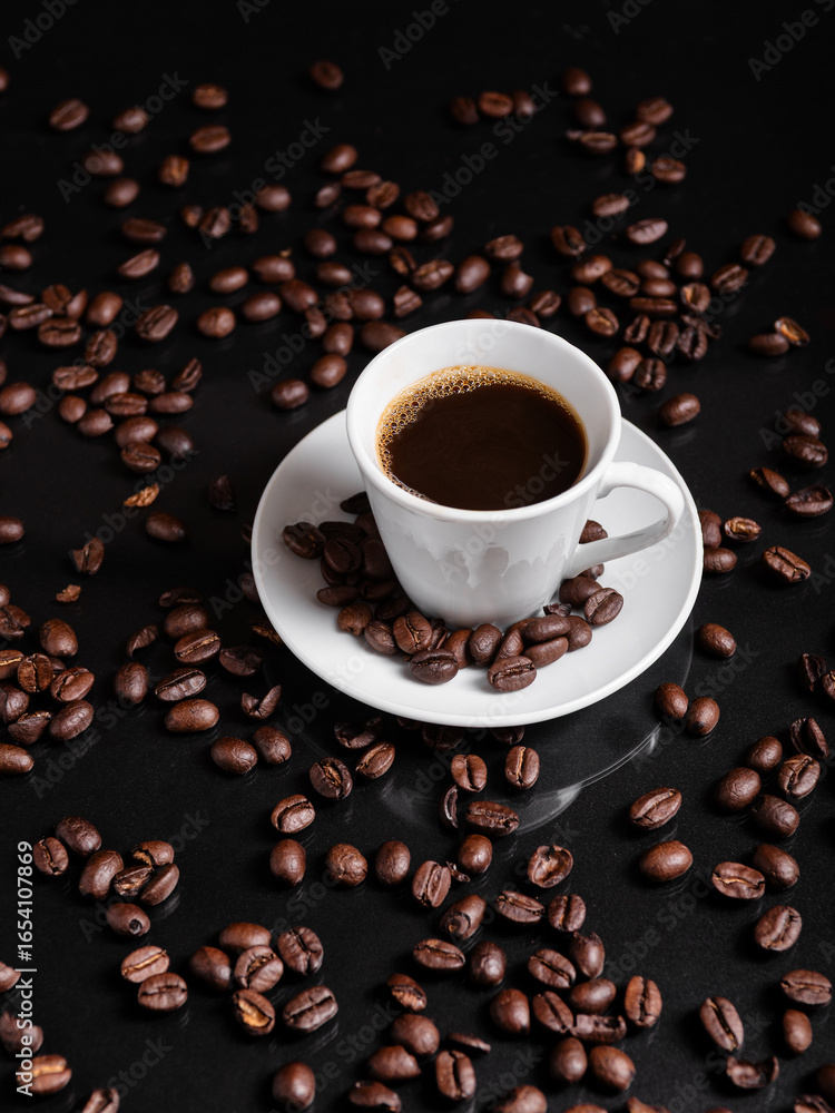 Fototapeta premium A espresso cup filled with dark coffee surrounded by roasted beans on reflective surface.