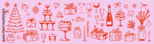 Christmas design. Hand drawn festive food and cozy holiday elements in  crayon sketch style. Vector illustration for seasonal branding, packaging, decor. 