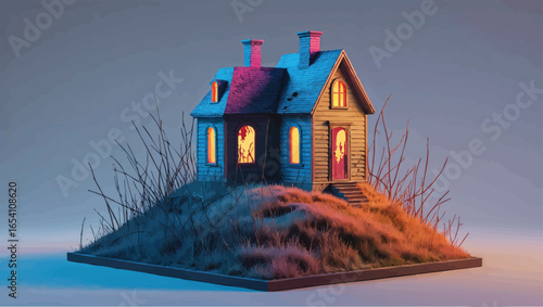 Haunted Hilltop Cottage: Spooky Abandoned House with Glowing Windows at Dusk