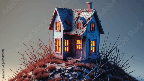 Haunted Hilltop Cottage: Spooky Abandoned House with Glowing Windows at Dusk