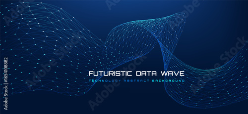 Futuristic Data Wave – Flowing Abstract Digital Network Background. Glowing blue lines and points forming a dynamic data wave. Represents big data, artificial intelligence, cyber communication.