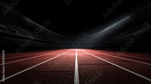 High definition photo of red running track with white lane markings illuminated in dark, empty stadium creating focused and intense atmosphere.
