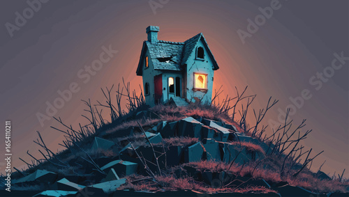Haunted Hilltop Cottage: Spooky Abandoned House with Glowing Windows at Dusk