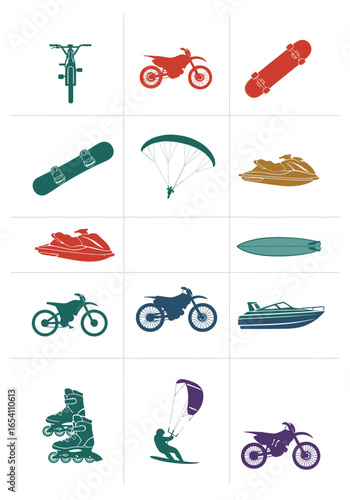 A collection of colorful icons representing various extreme sports and recreational vehicles.