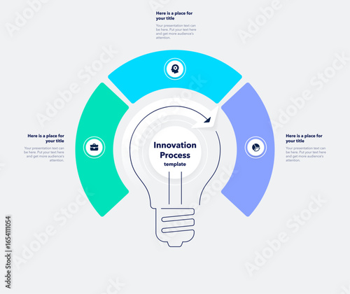 Innovation process infographic template with three steps and a light bulb as a main symbol. Modern flat diagram for project data visualization.