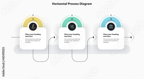 Horizontal process flow diagram with three colorful steps and a place for your text. Simple infographic design with icons and curved thin line for workflow layout, banner or web design.