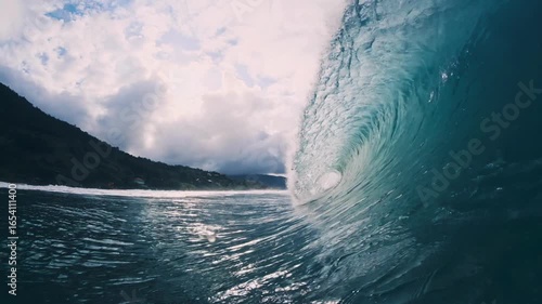 Slow motion barreling wave breaking and splashing, raw natural wonders Open Atlantic sea ocean water